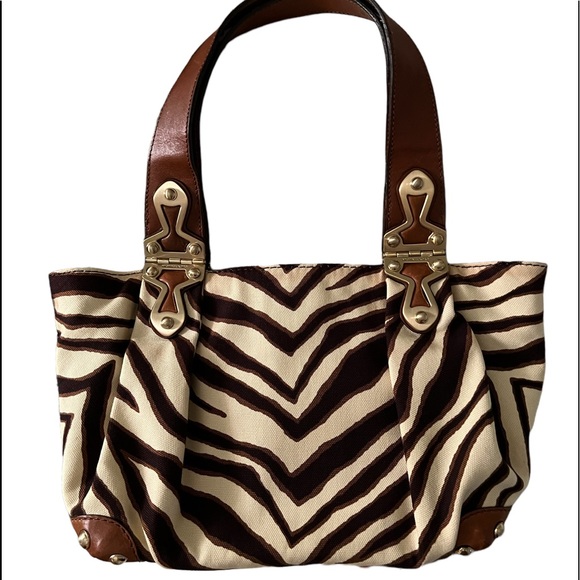 Vintage Michael Kors Zebra Print Bag Leather Canvas Brass/Gold Exterior Hardware - Picture 4 of 12